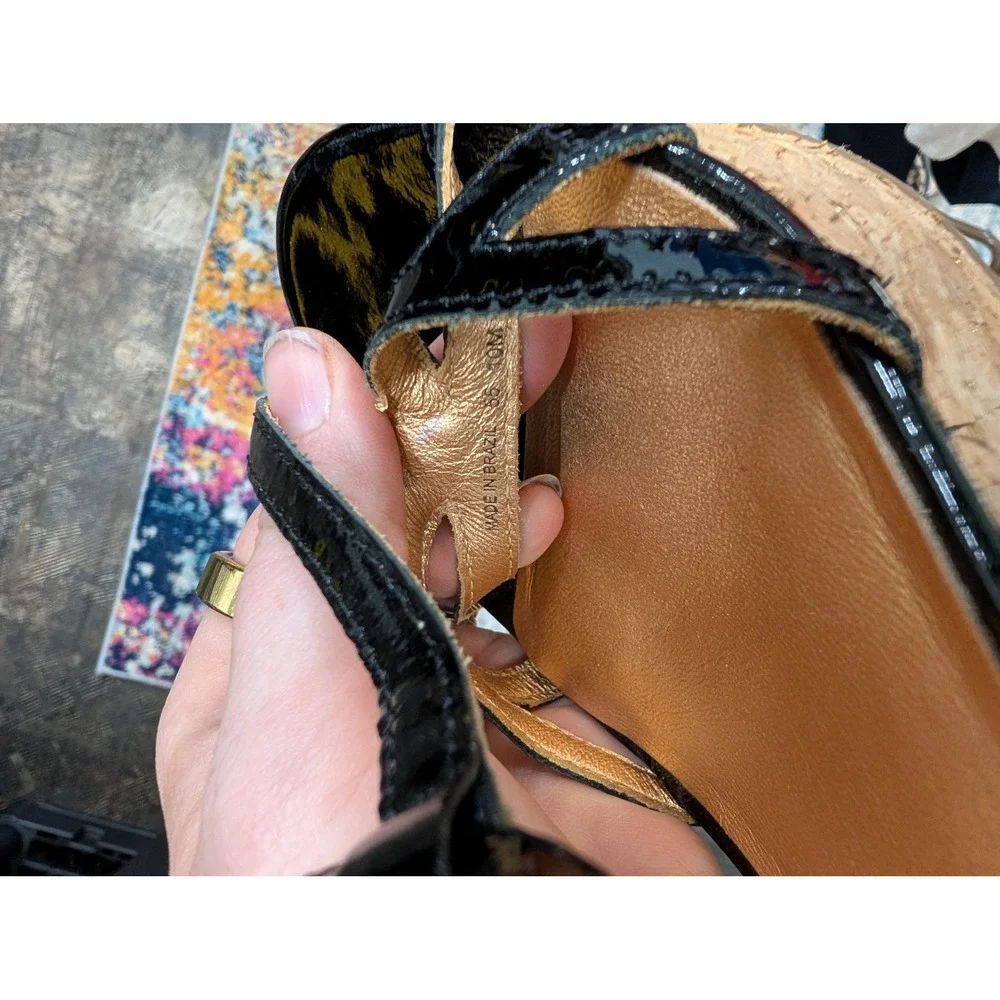 Kate Spade Theodora Black Patent Leather Cork Wedge‎ T-Strap Sandals- Size 10